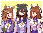  3girls ^_^ agnes_tachyon_(umamusume) ahoge animal_ears bangs black_hair bow bowtie braid brown_hair chemical_structure closed_eyes ear_piercing earrings empty_eyes hair_between_eyes hair_ornament hairclip horse_ears horse_girl horseshoe_ornament jewelry jungle_pocket_(umamusume) labcoat long_bangs long_hair long_sleeves manhattan_cafe_(umamusume) messy_hair multicolored_hair multiple_girls open_mouth piercing pleated_skirt ponytail purple_bow purple_bowtie purple_serafuku purple_shirt sailor_collar sailor_shirt school_uniform serafuku shirt short_hair side_braid single_earring skirt streaked_hair tracen_school_uniform umamusume white_bow white_bowtie white_hair yellow_eyes yonedatomo_mizu 