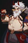  1boy aged_up alternate_muscle_size arataki_itto bara bare_pectorals beard belly facial_hair feet_out_of_frame frown genshin_impact hairy large_pectorals long_beard long_hair male_focus mature_male mto muscular muscular_male navel_hair nipples old old_man pectorals smile solo stomach thick_eyebrows tusks 