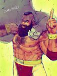  2boys absurdres artist_name beard chest_hair chromatic_aberration commentary facial_hair headlock highres index_finger_raised male_focus mohawk multiple_boys muscular muscular_male quasimodox scar scar_on_chest signature smile street_fighter street_fighter_6 topless_male zangief 