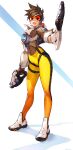  1girl :d absurdres bodysuit brown_gloves brown_hair character_name commentary_request contrapposto copyright_name dual_wielding full_body gloves goggles gun highres holding holding_gun holding_weapon kotatsu_(g-rough) looking_at_viewer overwatch overwatch_1 red_eyes short_hair smile solo standing tracer_(overwatch) weapon yellow_bodysuit 