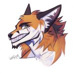  2019 anthro black_ears black_nose bust_portrait canid canine cheek_tuft dated facial_markings facial_tuft fangs fox fur glistening glistening_eyes green_eyes grin head_markings hi_res looking_at_viewer male mammal markings neck_tuft orange_body orange_fur portrait signature simple_background smile solo teeth tuft unknowhiter white_background white_body white_fur 