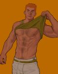  1boy abs absurdres bara bare_arms bare_pectorals biceps chest_hair clothes_lift cowboy_hat dark-skinned_male dark_skin edeued_(dpemrmfla) edging_underwear facial_hair green_male_underwear green_tank_top hairy hat highres lifted_by_self looking_at_viewer male_focus male_underwear male_underwear_peek mature_male muscular muscular_male navel navel_hair nipples orange_background orange_hair original pants pectorals shirt_lift short_hair sideburns smile solo stomach stubble tank_top thick_eyebrows track_pants underwear veins veiny_arms white_pants 