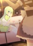 1girl absurdres alina_gray alternate_costume amane_hikari apron blonde_hair blurry blurry_foreground blush cafe dress green_dress green_hair hair_between_eyes hand_on_own_face highres indoors long_hair magia_record:_mahou_shoujo_madoka_magica_gaiden mahou_shoujo_madoka_magica maid_apron multicolored_hair on_chair puffy_short_sleeves puffy_sleeves short_sleeves sidelocks sitting straight_hair streaked_hair table thighhighs white_thighhighs window 