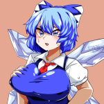  1girl alternate_breast_size bangs blue_bow blue_dress blue_eyes blue_hair blush bow breast_suppress breasts brown_background cirno collared_shirt commentary_request deep_skin dress hair_between_eyes hair_bow highres ice ice_wings kurodani_yamame large_breasts looking_at_viewer necktie open_mouth pinafore_dress red_necktie rinyamame shirt short_hair simple_background solo touhou upper_body white_shirt wings 