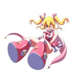  1girl blonde_hair blush bow bowtie covering covering_crotch diamond_(shape) dress dress_tug embarrassed frills halloween_costume halloween_roll highres magical_girl mega_man_(series) mega_man_x_(series) mega_man_x_dive no_panties nobuyu_(77yusei) official_alternate_costume pink_dress pink_footwear pink_ribbon ribbon roll_(mega_man) short_twintails simple_background tears translation_request twintails 