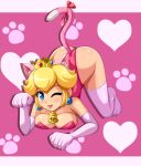  1girl animal_ears blonde_hair blue_eyes breasts cat_ears cat_girl cat_tail cleavage crown earrings elbow_gloves gloves jewelry kneeling leotard looking_at_viewer mario_(series) one_eye_closed pink_gloves pink_leotard pink_thighhighs princess_peach sigurd_hosenfeld super_bell tail thighhighs tongue tongue_out 
