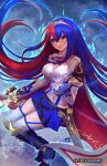  1girl alear_(female)_(fire_emblem) alear_(fire_emblem) armor bangs blue_eyes blue_hair braid breasts crossed_bangs crown_braid emblem_ring fire_emblem fire_emblem_engage floating gloves heterochromia highres kamaniki long_hair looking_at_viewer medium_breasts multicolored_hair red_eyes red_hair smile solo split-color_hair tiara two-tone_hair very_long_hair 