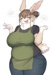  2023 5_fingers anthro baburusushi big_breasts black_clothing black_shirt black_topwear bottomwear breasts buckteeth clothing curvy_figure dialogue digital_media_(artwork) eyes_closed female fingers green_apron hi_res lagomorph leporid mammal open_mouth pants rabbit shirt simple_background smile solo teeth topwear voluptuous white_background 