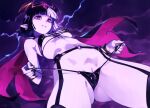  1girl ass_visible_through_thighs black_hair draculita earrings eyeball_hair_ornament indie_virtual_youtuber jewelry lightning multicolored_hair optionaltypo pale_skin pointy_ears purple_eyes pussy pussy_peek short_hair smile solo two-tone_hair virtual_youtuber white_hair 