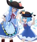  2girls absurdres bangs black_headwear blue_bow blue_dress blue_eyes blue_hair blue_skirt bow bowtie cirno collared_shirt commentary_request dress feet_out_of_frame food fruit grin hair_bow hands_on_headwear highres hinanawi_tenshi long_hair looking_at_another mikan_(manmarumikan) multiple_girls peach pinafore_dress red_bow red_bowtie red_eyes shirt short_hair short_sleeves simple_background skirt smile standing touhou white_background white_shirt 