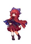  1girl bangs black_footwear black_shirt chinese_commentary cloak closed_mouth commentary_request full_body lowres pixel_art red_eyes red_hair red_skirt sekibanki shirt short_hair simple_background skirt solo touhou touhou_mystia&#039;s_izakaya white_background youzikk 