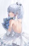  1girl 2gong_(9ujin_) absurdres back bare_back bare_shoulders blue_eyes blue_flower blue_rose bouquet bow dress flower flower_knot from_behind genshin_impact hair_bow hair_ornament highres holding holding_bouquet kamisato_ayaka looking_at_viewer looking_back median_furrow mole mole_under_eye ponytail rose shoulder_blades sleeveless sleeveless_dress smile solo wedding_dress white_dress white_hair 