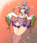  1girl absurdres bangs blue_headwear blue_skirt blush breasts commentary_request detached_sleeves dutch_angle feet_out_of_frame grey_eyes grey_hair grin hat highres japanese_clothes kariginu kurodani_yamame long_hair long_sleeves medium_breasts miniskirt mononobe_no_futo pom_pom_(clothes) ponytail ribbon-trimmed_sleeves ribbon_trim rinyamame shiny_skin sideboob skirt sleeves_past_fingers sleeves_past_wrists smile solo tate_eboshi touhou white_sleeves wide_sleeves 