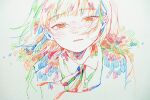  1girl bangs blush collared_shirt colorful commentary_request hatching_(texture) looking_at_viewer neck_ribbon original parted_lips pen_(medium) portrait ribbon school_uniform shirt short_hair signature simple_background solo traditional_media watanabe_tomari white_background wind 