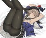  1girl animal_ears areola_slip arknights armpits arms_up artist_name cameltoe cokuto1 cow_ears cow_girl cow_horns cow_tail flower flower_on_head horns legs_up lying on_back pallas_(arknights) pantyhose purple_shirt red_flower red_rose rose shirt short_hair_with_long_locks tail two-tone_gloves 