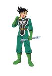  1boy absurdres ankle_boots arm_at_side artist_request belt black_hair bodysuit boots brown_belt brown_eyes dragon_quest dragon_quest_dai_no_daibouken full_body gloves green_bodysuit green_footwear green_gloves guardian_tales hand_up headband highres holding holding_staff looking_at_viewer male_focus official_art one_eye_closed open_mouth short_hair simple_background solo staff standing transparent_background yellow_headband 