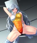  1girl :d alternate_costume boots breasts competition_swimsuit highres long_hair looking_at_viewer mattyakinako_(odango_imomushi) medium_breasts multicolored_leotard one-piece_swimsuit sakata_nemuno smile solo squatting swimsuit touhou touhou_tag_dream wavy_hair white_hair wrestling_outfit wrestling_ring wristband yellow_eyes 