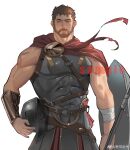  1boy absurdres bara bare_pectorals beard brown_hair check_copyright copyright_request cowboy_shot cross_scar facial_hair headwear_removed helmet helmet_removed highres holding holding_shield large_pectorals looking_to_the_side male_focus mature_male muscular muscular_male original pectorals scar shield short_hair solo thick_eyebrows xiedaifenshi_(7329016845) 