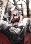 1girl absurdres arknights bare_arms bare_shoulders black_choker black_gloves breasts choker cleavage commentary_request gloves head_tilt highres horns indoors infection_monitor_(arknights) kuromu large_breasts long_hair looking_at_viewer midriff mudrock_(arknights) pants parted_lips pointy_ears red_eyes revision sitting solo stomach very_long_hair white_hair white_pants 
