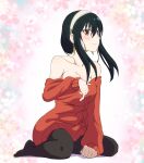  1girl bangs bare_shoulders black_hair black_pantyhose blush breasts cleavage earrings gold_earrings hair_between_eyes hairband highres hugimosi jewelry large_breasts long_hair looking_at_viewer no_bra off-shoulder_sweater off_shoulder pantyhose red_eyes red_sweater simple_background sitting solo spy_x_family sweater wariza white_hairband yor_briar 