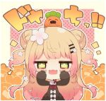  +_+ 1girl :3 :d \m/ bangs black_jacket blonde_hair blush bow chibi commentary_request double_\m/ double_bun fang flower green_eyes hair_bun hair_flower hair_ornament hairclip hands_up hololive jacket long_hair long_sleeves looking_at_viewer momosuzu_nene muuran neckerchief on_head plaid_neckerchief puffy_long_sleeves puffy_sleeves red_neckerchief smile solo translation_request two_side_up upper_body very_long_hair virtual_youtuber white_bow white_flower 