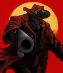  chainsaw_man cigar coat cowboy cowboy_hat facing_viewer gun hat highres open_mouth original pointing_gun red_coat red_headwear red_theme revolver sharp_teeth slapknutts smoking solo teeth torn_clothes torn_coat two-tone_background weapon 