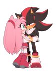  1boy 1girl alternate_eye_color amy_rose animal_ears animal_nose aqua_eyes back black_fur blush body_fur boots bracelet closed_mouth eyelashes full_body furry furry_female furry_male gloves gold_bracelet hairband half-closed_eyes hands_up hedgehog hedgehog_ears hedgehog_girl hedgehog_tail hetero high_heels highres jewelry looking_at_another open_mouth pink_fur red_eyes red_footwear red_fur red_hairband shadow_the_hedgehog simple_background smile sonic_(series) standing tail teeth thighhighs toonsite two-tone_fur white_background white_footwear white_gloves white_thighhighs 