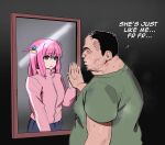  1boy 1girl absurdres black_hair blue_eyes blue_skirt bocchi_the_rock! cokeanut10 english_text fat fat_man gotou_hitori green_shirt hair_ornament he_just_like_me_fr!!!!_(meme) highres jacket long_hair meme mirror nervous pink_hair pink_jacket reflection shirt short_sleeves skirt track_jacket ugly_man 