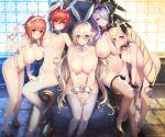  5girls animal_ears armchair ass bent_over black_thighhighs blonde_hair bow bowtie breasts brooch camilla_(fire_emblem) chair corrin_(female)_(fire_emblem) corrin_(fire_emblem) detached_collar drill_hair elise_(fire_emblem) fake_animal_ears fire_emblem fire_emblem_fates fishnet_thighhighs fishnets grey_hair hair_over_one_eye hand_on_another&#039;s_shoulder hand_on_another&#039;s_thigh high_heels highres hinoka_(fire_emblem) huge_breasts jewelry kashiwamochi_yomogi large_breasts multiple_girls navel nipples nude pointy_ears purple_hair rabbit_ears red_hair sakura_(fire_emblem) short_hair sitting smile stomach thighhighs throne tiara twin_drills twintails wrist_cuffs 