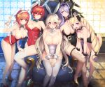  5girls alternate_costume animal_ears armchair bare_legs bent_over black_leotard black_thighhighs blonde_hair bow bowtie breasts brooch camilla_(fire_emblem) chair corrin_(female)_(fire_emblem) corrin_(fire_emblem) detached_collar drill_hair elise_(fire_emblem) fake_animal_ears fake_tail fire_emblem fire_emblem_fates fishnet_thighhighs fishnets grey_hair hair_over_one_eye hand_on_another&#039;s_shoulder hand_on_another&#039;s_thigh high_heels highres hinoka_(fire_emblem) huge_breasts jewelry kashiwamochi_yomogi large_breasts leotard multiple_girls playboy_bunny pointy_ears purple_hair rabbit_ears rabbit_tail red_hair red_leotard sakura_(fire_emblem) short_hair sitting smile strapless strapless_leotard tail thighhighs throne tiara twin_drills twintails white_thighhighs wrist_cuffs 