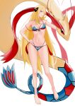 1girl absurdres alternate_costume aqua_bikini barefoot bikini blonde_hair breasts closed_mouth commentary_request cynthia_(pokemon) grey_eyes hair_ornament hair_over_one_eye hand_on_hip hand_up highres kashumashux51 knees long_hair milotic navel pokemon pokemon_(creature) pokemon_(game) pokemon_dppt simple_background smile strap_slip swimsuit toes white_background 