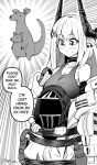  1girl 1other absurdres arknights bandages bare_shoulders breasts chest_sarashi commentary doctor_(arknights) emphasis_lines greyscale highres hood horns kangaroo large_breasts long_hair monochrome mudrock_(arknights) nhim off_shoulder pointy_ears sarashi speech_bubble upper_body very_long_hair 