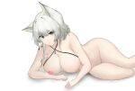  1girl absurdres animal_ear_fluff animal_ears arknights ass_visible_through_thighs breasts cat_ears closed_mouth collarbone feet_out_of_frame green_eyes grey_hair highres kal&#039;tsit_(arknights) large_breasts long_hair looking_at_viewer lying nipples nude on_side oripathy_lesion_(arknights) pussy sarea_(sarea2020) simple_background solo thigh_gap uncensored white_background 