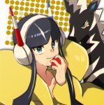  1girl black_hair collarbone colored_sclera elesa_(pokemon) headphones highres holding holding_poke_ball looking_at_viewer nail_polish poke_ball poke_ball_(basic) pokemon pokemon_(creature) pokemon_(game) pokemon_bw2 short_hair_with_long_locks smile upper_body white_background yadoki yellow_sclera zebstrika 