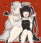  2girls absurdres angel angel_wings bare_shoulders black_dress black_hair black_wings braid collarbone commentary demon_girl demon_horns demon_wings detached_wings dress eyes_visible_through_hair fang feet_out_of_frame frilled_dress frills grey_dress grey_hair hair_over_one_eye halo highres horns knees_up long_hair mini_wings multiple_girls one_eye_closed open_mouth original outline parted_lips red_background red_eyes sitting sleeveless sleeveless_dress sofra strap_slip symbol-only_commentary twintails twitter_username very_long_hair white_outline white_wings wings 