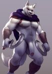  anthro balls calf_armor canid canine canis cloak clothing death_(puss_in_boots) drawller dreamworks fur genitals grey_body grey_fur harness hi_res leg_wraps long_penis male mammal muscular muscular_anthro muscular_male nipple_piercing nipples penis piercing puss_in_boots_the_last_wish red_eyes sickle solo wolf wraps wrist_wraps wristband 