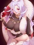  1girl alcohol blush breasts bridal_gauntlets cup drinking_glass hair_between_eyes hat highres holding holding_cup lamia large_breasts light_purple_hair long_hair looking_at_viewer monster_girl monster_musume_no_oisha-san nurse_cap parted_lips red_eyes saphentite_neikes scales slit_pupils solo tail todding wine wine_glass 