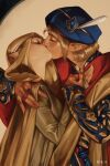  1boy 1girl absurdres arm_around_neck blonde_hair closed_eyes cosplay dress hat hetero highres holding_hands j._c._leyendecker_(style) juliet_capulet juliet_capulet_(cosplay) kiss link mimimaru parody pointy_ears princess_zelda romeo_and_juliet romeo_montague romeo_montague_(cosplay) style_parody the_legend_of_zelda the_legend_of_zelda:_breath_of_the_wild 