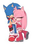  1boy 1girl amy_rose animal_ears animal_nose back bare_back bare_shoulders black_gloves blue_fur blush boots bracelet breasts closed_eyes closed_mouth commentary dress fingerless_gloves frills full_body furry furry_female furry_male gloves gold_bracelet green_eyes hairband hand_up hedgehog hedgehog_ears hedgehog_girl hedgehog_tail hetero high_heels highres hug jewelry looking_at_another medium_breasts one_eye_closed open_mouth pink_dress pink_footwear pink_fur pink_hairband red_footwear red_scarf scarf shoes simple_background sleeveless sleeveless_dress smile sneakers socks sonic_(series) sonic_the_hedgehog standing symbol-only_commentary tail teeth thighhighs tongue toonsite white_background white_gloves white_socks white_thighhighs 