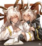  2girls :o absurdres animal_ear_fluff animal_ears arknights beeswax_(arknights) black_coat black_gloves blush book bookmark border breasts brown_background carnelian_(arknights) cleavage cleavage_cutout clothing_cutout coat collar dark-skinned_female dark_skin gloves goat_ears goat_girl goat_horns hand_on_own_cheek hand_on_own_face highres hood hood_down horns infection_monitor_(arknights) large_breasts long_hair long_sleeves multiple_girls open_book open_clothes open_coat outside_border parted_lips reading red_eyes short_hair siblings signature simple_background sisters user_yujg3254 white_border white_coat white_hair wide_sleeves yellow_eyes 