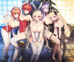  5girls alternate_costume animal_ears armchair bent_over black_leotard black_pantyhose black_thighhighs blonde_hair bow bowtie breasts brooch camilla_(fire_emblem) chair corrin_(female)_(fire_emblem) corrin_(fire_emblem) detached_collar drill_hair elise_(fire_emblem) fake_animal_ears fake_tail fire_emblem fire_emblem_fates fishnet_thighhighs fishnets grey_hair hair_over_one_eye hand_on_another&#039;s_shoulder hand_on_another&#039;s_thigh high_heels highres hinoka_(fire_emblem) huge_breasts jewelry kashiwamochi_yomogi large_breasts leotard medium_breasts multiple_girls pantyhose playboy_bunny pointy_ears purple_hair rabbit_ears rabbit_tail red_hair red_leotard sakura_(fire_emblem) short_hair sitting smile strapless strapless_leotard tail thighhighs throne tiara twin_drills twintails white_pantyhose white_thighhighs wrist_cuffs 