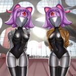  1:1 2023 anthro atomic_heart biped black_clothing breasts clothing crossover domestic_cat duo faceless felid feline felis female glistening glistening_body grey_body hair hands_behind_back hestia_(artist) hi_res humanoid jacket machine mammal masyunya_(vkontakte) non-mammal_breasts photo_background purple_hair red_star robot robot_humanoid star the_twins_(atomic_heart) thick_thighs topwear vkontakte 