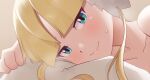  1girl aqua_eyes bangs blonde_hair blunt_bangs closed_mouth collarbone commentary_request earmuffs elesa_(palentine&#039;s_2023)_(pokemon) elesa_(pokemon) gazing_eye head_on_pillow looking_at_viewer lying official_alternate_costume on_side pillow pillow_grab pokemon pokemon_(game) pokemon_masters_ex portrait sidelocks smile solo sweatdrop 