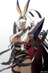  1girl animal_ears antenna_hair bandages black_bandages breasts dark-skinned_female dark_skin fate/grand_order fate_(series) hair_censor highres jackal_ears ji_ou_ou large_breasts long_hair nitocris_alter_(fate) revealing_clothes simple_background solo upper_body usekh_collar white_background white_hair yellow_eyes 