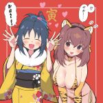  2girls absurdres alternate_costume animal_ears animal_print bangs bell bikini black_choker blue_hair blush breasts brown_eyes brown_hair chinese_zodiac choker cleavage closed_eyes elbow_gloves facing_viewer fake_animal_ears fang flying_sweatdrops freckles fur_collar furisode girls_und_panzer gloves hair_ornament hair_ribbon hair_up halterneck head_tilt heart highres japanese_clothes kimono kondou_taeko large_breasts leaning_forward long_hair long_sleeves looking_at_viewer medium_hair multiple_girls navel neck_bell new_year no_headband open_mouth orange_bikini orange_gloves ponytail print_bikini print_gloves ribbon side-tie_bikini_bottom smile standing string_bikini swimsuit tiger_ears tiger_print wide_sleeves yabai_gorilla yamagou_ayumi year_of_the_tiger yellow_kimono yellow_ribbon 