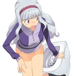  a1 bottomless grey_hair hairband idolmaster idolmaster_(classic) long_hair open_mouth purple purple_hairband red_eyes shijou_takane solo thigh_gap toilet 