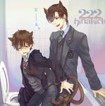  animal_ears brown_hair cat_ears furayu_(flayu) glasses green_eyes harry_james_potter harry_potter male_focus multiple_boys open_mouth school_uniform short_hair tail toilet tom_marvolo_riddle yaoi 