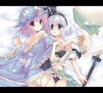  :o bad_id bad_pixiv_id bare_shoulders black_bra black_panties bra fan folding_fan ghost girl_on_top green_eyes hairband hat japanese_clothes konpaku_youmu konpaku_youmu_(ghost) letterboxed lingerie looking_at_viewer looking_back lying multiple_girls off_shoulder open_clothes open_shirt panties pink_hair red_eyes saigyouji_yuyuko shirt short_hair silver_hair snow sousouman strap_slip sword touhou underwear weapon white_panties 