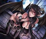  black_hair black_nails breasts cleavage demon_girl horns huge_breasts leaning_forward lips long_hair moon nail_polish original pointy_ears red_eyes sadakage smile solo succubus tattoo thighhighs wings 