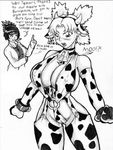  bell bell_collar breasts cleavage collar cow_bell cow_ears cow_girl cow_print horns huge_breasts konoha_farm mitarashi_anko monochrome naruto ponytail quad_tails slashysmiley spiked_ponytail tag temari text 